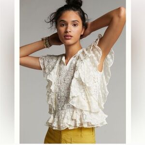 Anthropologie Verb by Pallavi Singhee Allyson Ivory Ruffled Lace Blouse Size XS